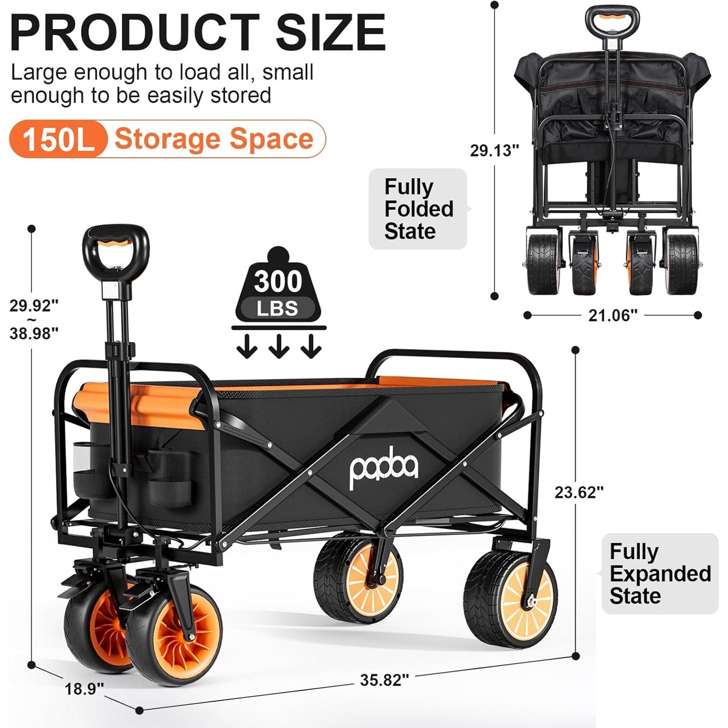 Electric Wagons Carts Foldable, Utility Cart, Beach Cart Large Capacity, 300lbs Grocery Cart with Big All-Terrain Wheels, Portable for Camping Outdoor Beach Fishing Picnic Sports Shopping (Black)
