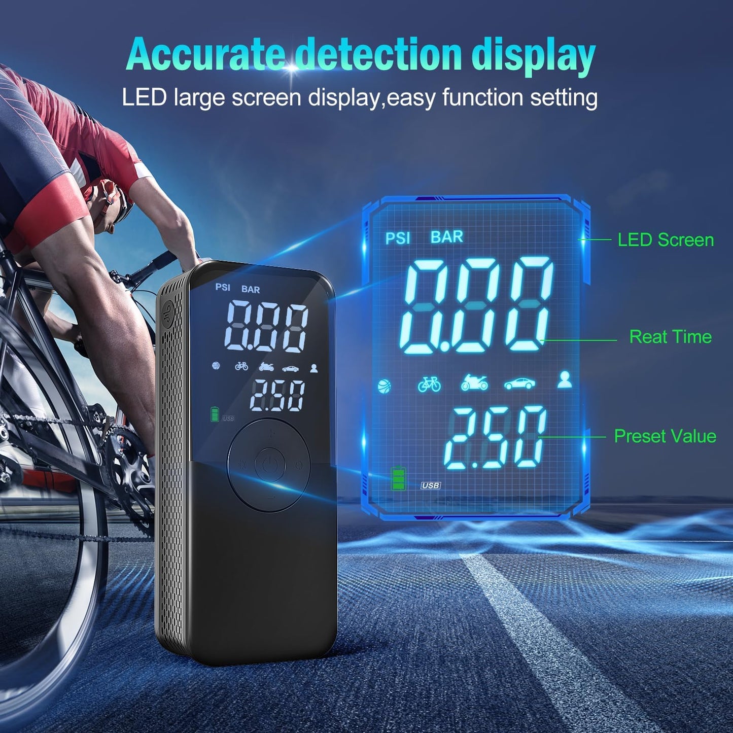 DEASON Tire Inflator Portable Air Compressor,150 PSI Cordless Mini Bike Tire Pump,Air Pump for Car Motorcycle Bicycle Tires,Balls,with Pressure Gauge,LED Light