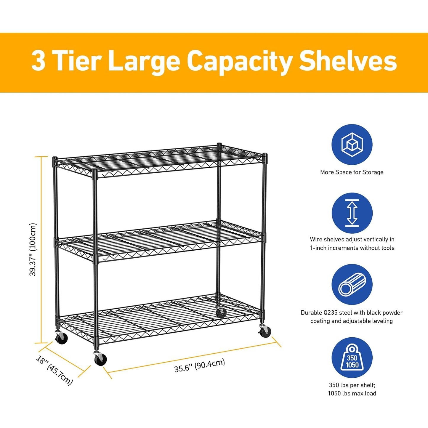 Cotiro 3/5Tier Adjustable Storage Shelving Unit, Heavy Duty Wire Rack with Wheels and Adjustable Feet for Pantry, Garage, Baker's Rack Kitchen Rack (450 lbs/rack), Black
