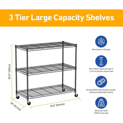 Cotiro 3/5Tier Adjustable Storage Shelving Unit, Heavy Duty Wire Rack with Wheels and Adjustable Feet for Pantry, Garage, Baker's Rack Kitchen Rack (450 lbs/rack), Black