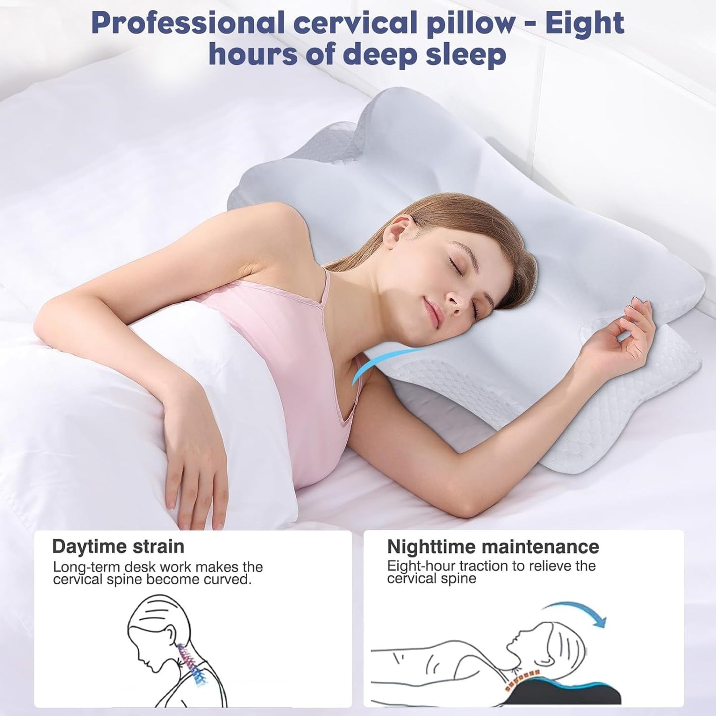 Cervical Neck Pillow - Memory Foam Pillow for Neck Support and Pain Relief, Ergonomic Contour Pillow for Side Back and Stomach Sleepers, Soft and Cooling Ice Silk Washable Pillowcase