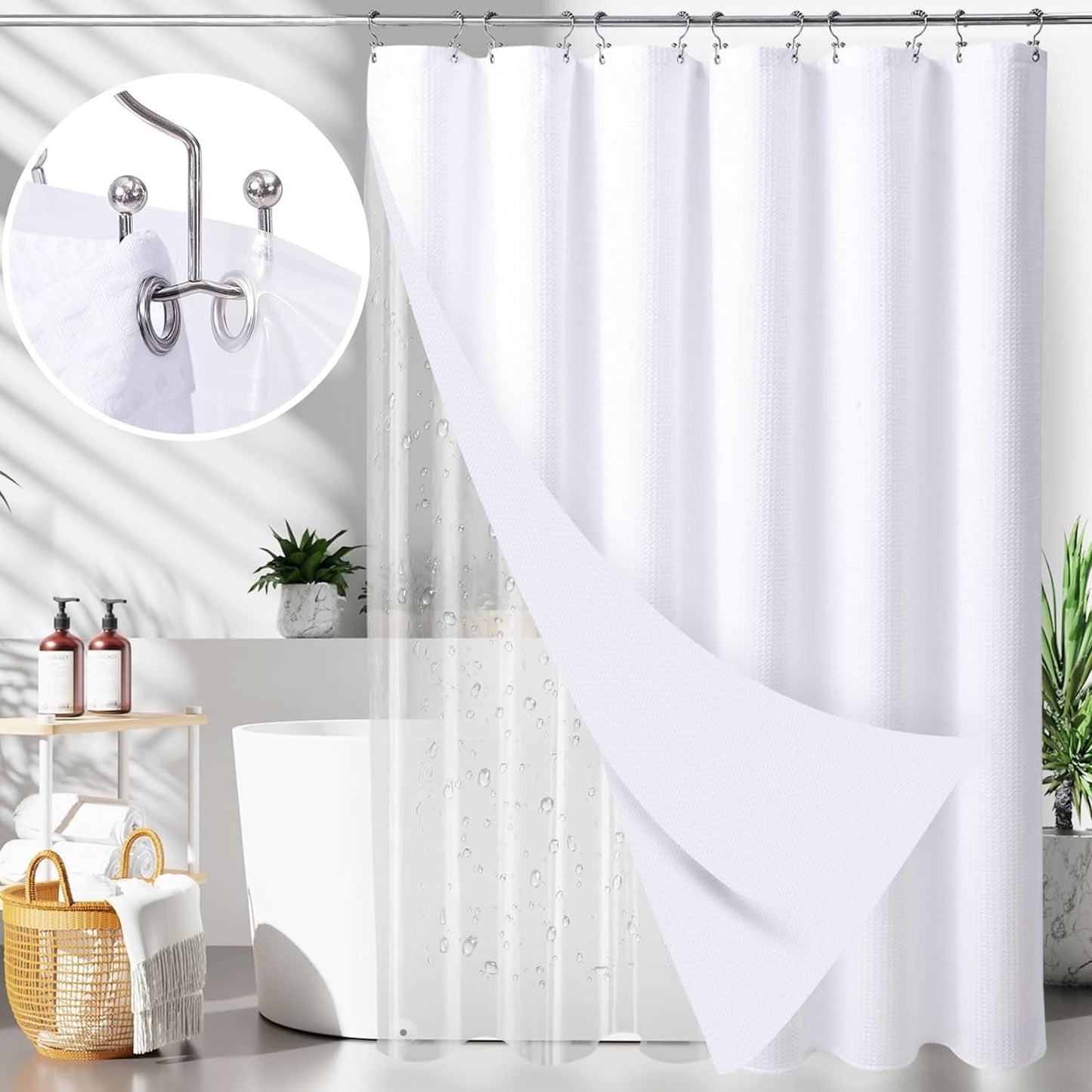 3 in 1 Waterproof Waffle Weave Shower Curtain and Clear Liner Set with 12 Stainless Steel Hooks Double Sided for Bathroom 72 Inches Heavy Duty Polyester Fabric Shower Curtains