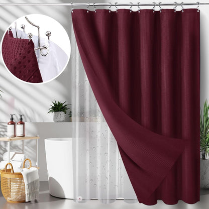 3 in 1 Waterproof Waffle Weave Shower Curtain and Clear Liner Set with 12 Stainless Steel Hooks Double Sided for Bathroom 72 Inches Heavy Duty Polyester Fabric Shower Curtains