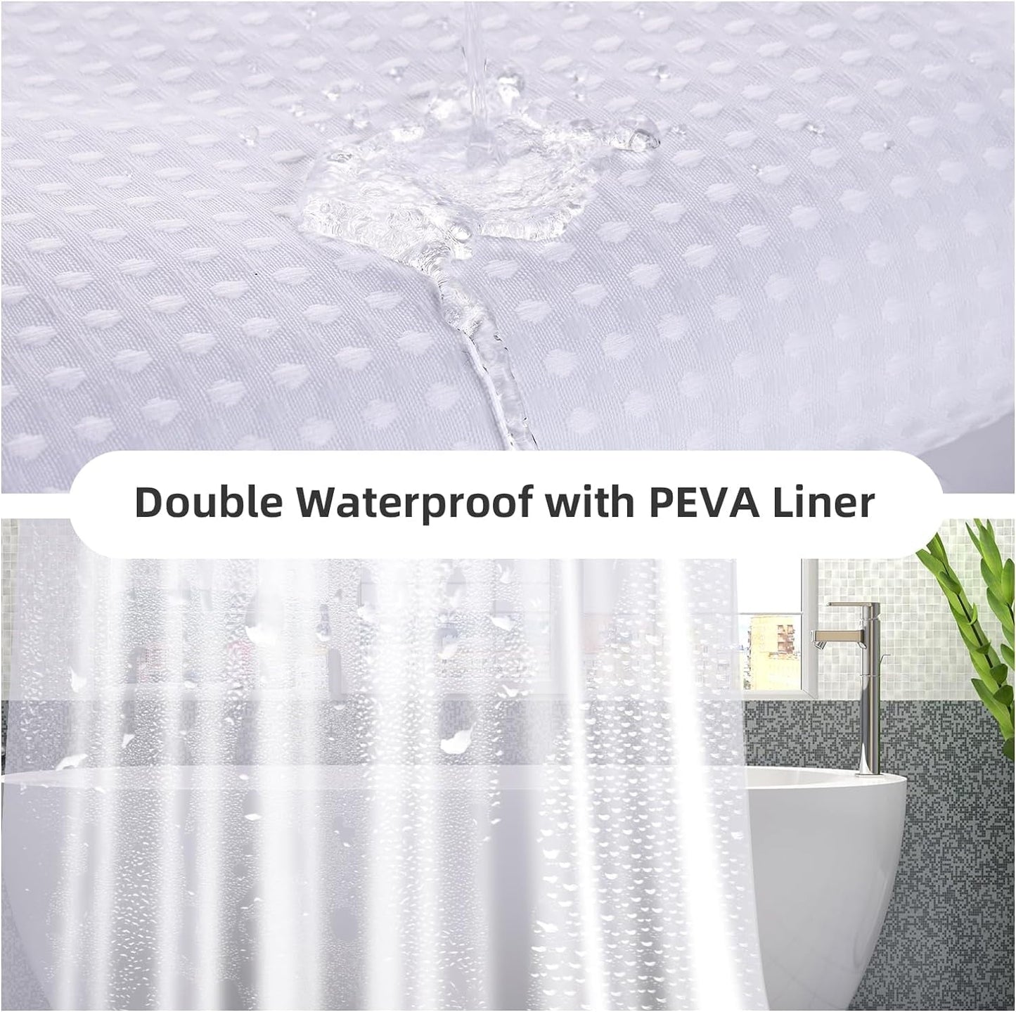 3 in 1 Waterproof Waffle Weave Shower Curtain and Clear Liner Set with 12 Stainless Steel Hooks Double Sided for Bathroom 72 Inches Heavy Duty Polyester Fabric Shower Curtains