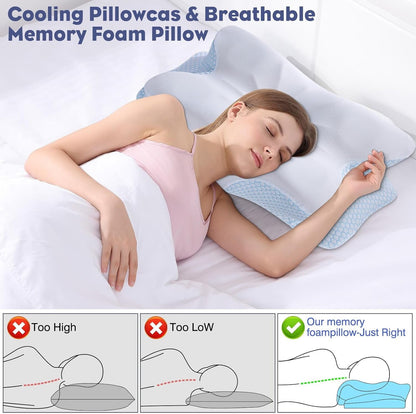 Cervical Neck Pillow - Memory Foam Pillow for Neck Support and Pain Relief, Ergonomic Contour Pillow for Side Back and Stomach Sleepers, Soft and Cooling Ice Silk Washable Pillowcase