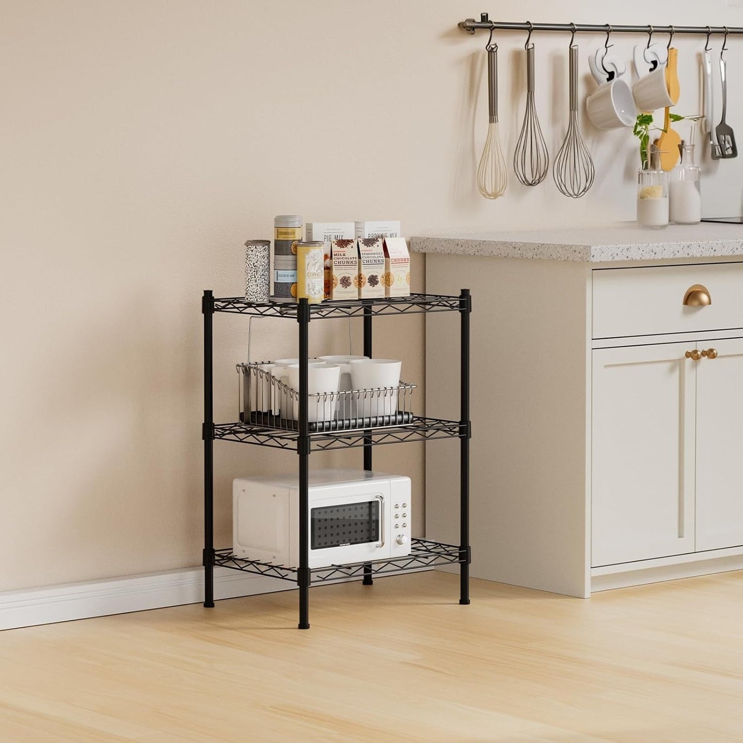 Cotiro 3-Tier Strong Storage Shelving Unit,Hollow Metal Wire Shelf with Anti-Sleep Feet,Indoor,Bathroom Black