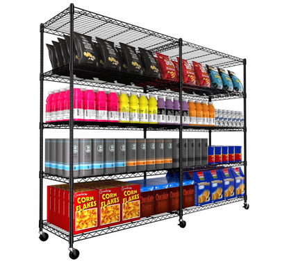 Cotiro 3/5Tier Adjustable Storage Shelving Unit, Heavy Duty Wire Rack with Wheels and Adjustable Feet for Pantry, Garage, Baker's Rack Kitchen Rack (450 lbs/rack), Black