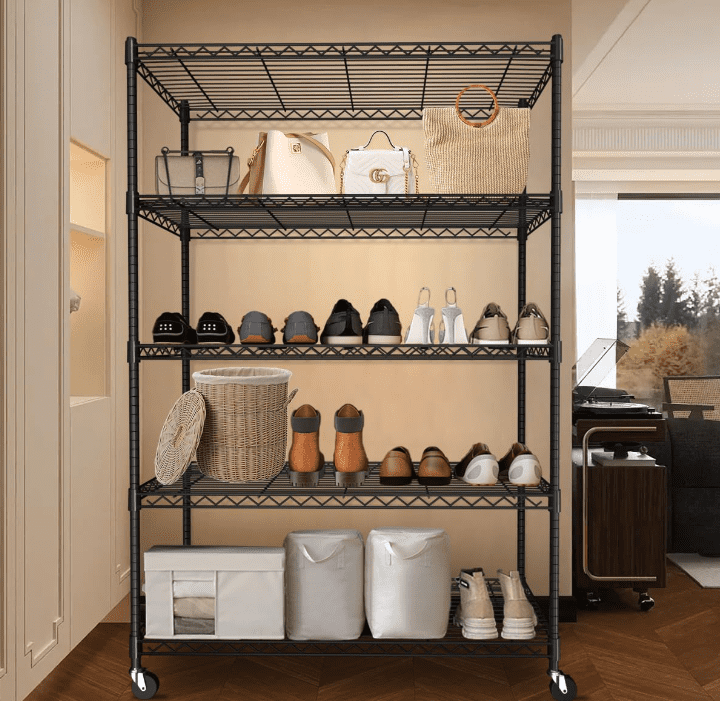 Cotiro 3/5Tier Adjustable Storage Shelving Unit, Heavy Duty Wire Rack with Wheels and Adjustable Feet for Pantry, Garage, Baker's Rack Kitchen Rack (450 lbs/rack), Black