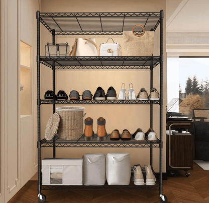 Cotiro 3/5Tier Adjustable Storage Shelving Unit, Heavy Duty Wire Rack with Wheels and Adjustable Feet for Pantry, Garage, Baker's Rack Kitchen Rack (450 lbs/rack), Black