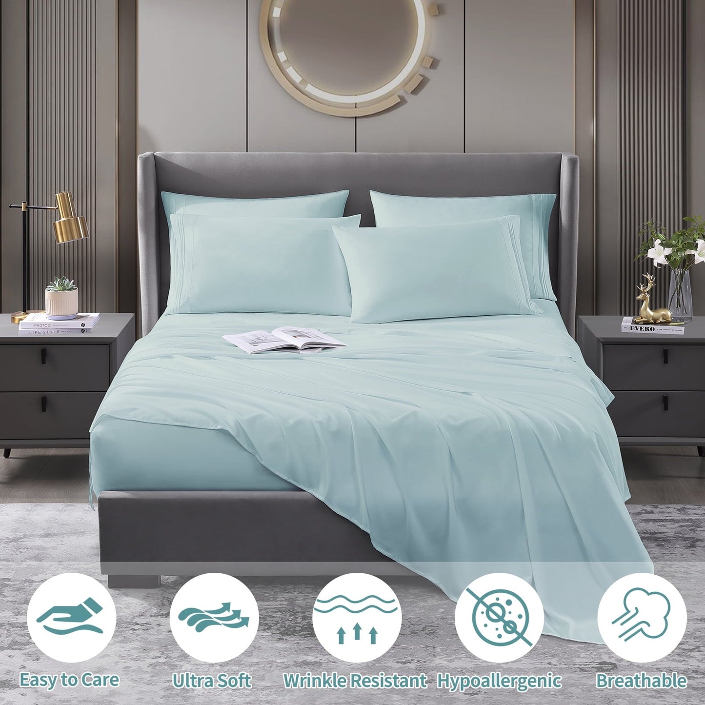 Cotiro 6 Piece Sheet Set King Size Hotel Luxury Sheet Set Deep Pocket Anti-Wrinkle Sheet Set