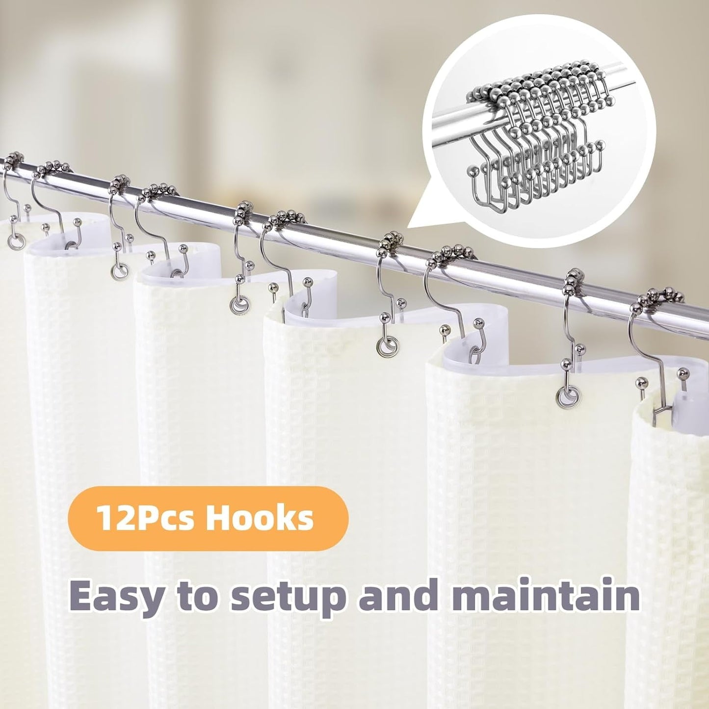 3 in 1 Waterproof Waffle Weave Shower Curtain and Clear Liner Set with 12 Stainless Steel Hooks Double Sided for Bathroom 72 Inches Heavy Duty Polyester Fabric Shower Curtains