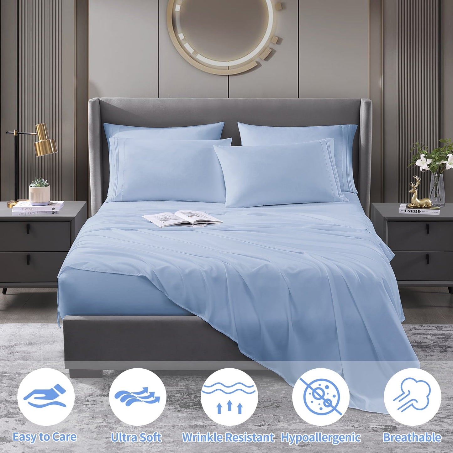 Cotiro 6 Piece Sheet Set King Size Hotel Luxury Sheet Set Deep Pocket Anti-Wrinkle Sheet Set
