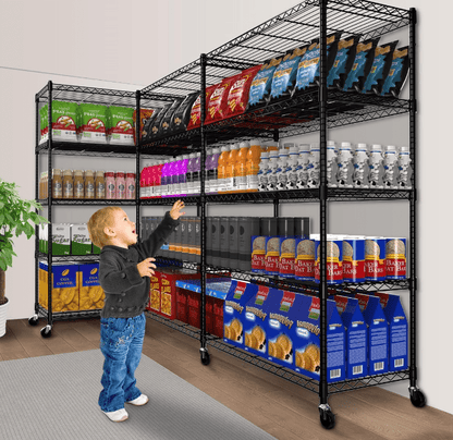 Cotiro 3/5Tier Adjustable Storage Shelving Unit, Heavy Duty Wire Rack with Wheels and Adjustable Feet for Pantry, Garage, Baker's Rack Kitchen Rack (450 lbs/rack), Black