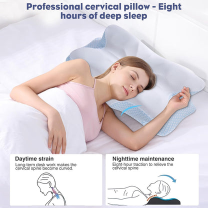 Cervical Neck Pillow - Memory Foam Pillow for Neck Support and Pain Relief, Ergonomic Contour Pillow for Side Back and Stomach Sleepers, Soft and Cooling Ice Silk Washable Pillowcase