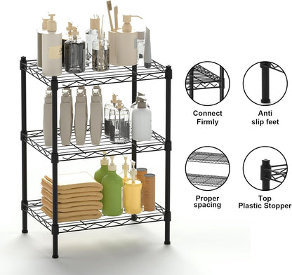 Cotiro 3-Tier Strong Storage Shelving Unit,Hollow Metal Wire Shelf with Anti-Sleep Feet,Indoor,Bathroom Black