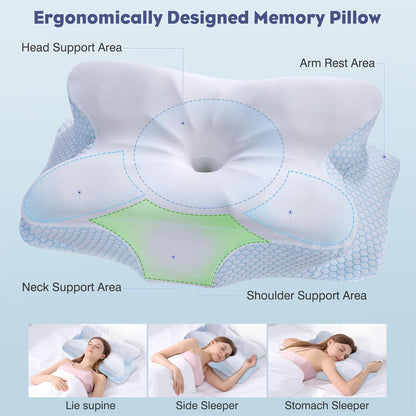 Cervical Neck Pillow - Memory Foam Pillow for Neck Support and Pain Relief, Ergonomic Contour Pillow for Side Back and Stomach Sleepers, Soft and Cooling Ice Silk Washable Pillowcase