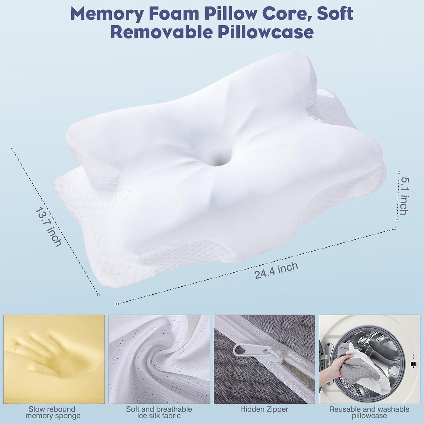 Cervical Neck Pillow - Memory Foam Pillow for Neck Support and Pain Relief, Ergonomic Contour Pillow for Side Back and Stomach Sleepers, Soft and Cooling Ice Silk Washable Pillowcase