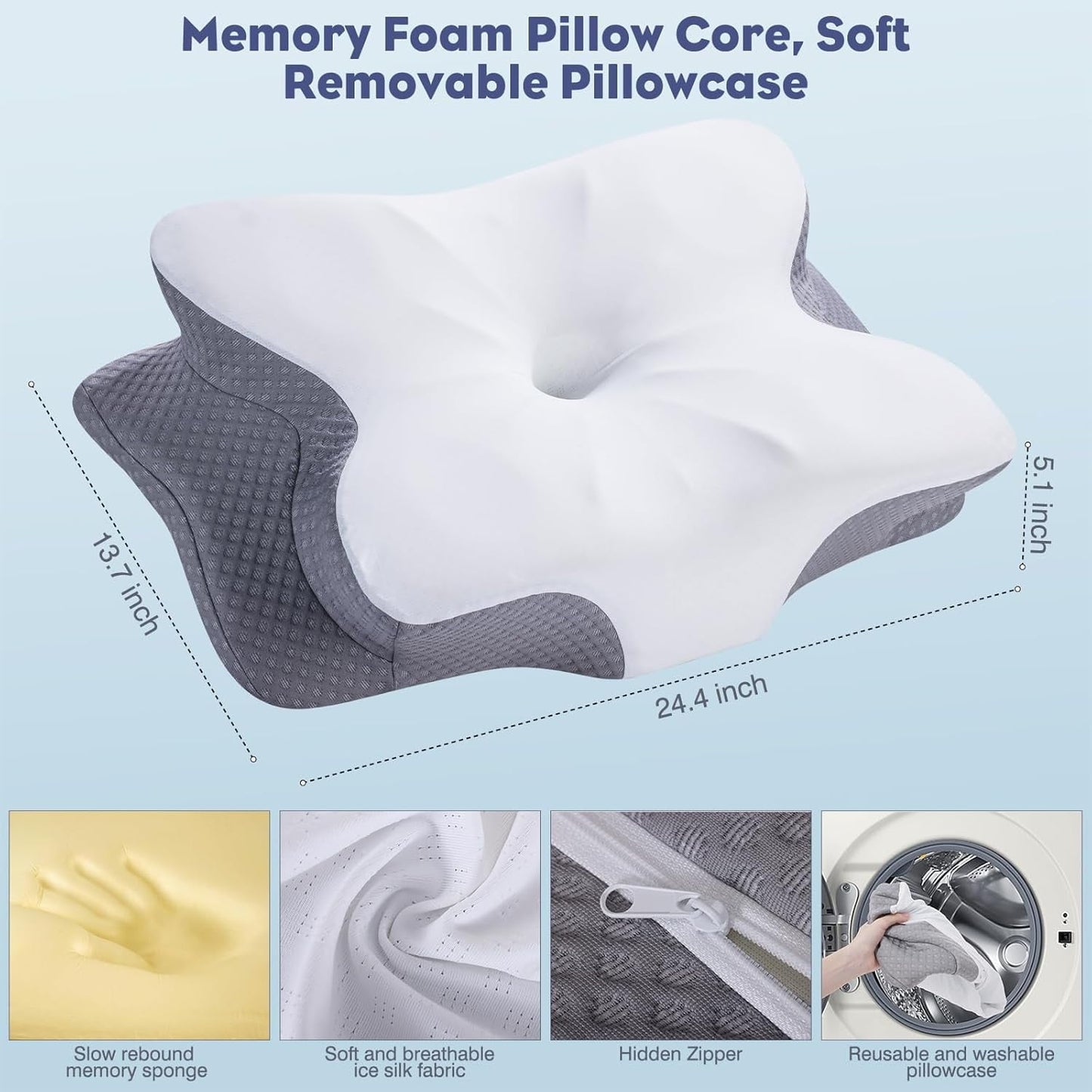 Cervical Neck Pillow - Memory Foam Pillow for Neck Support and Pain Relief, Ergonomic Contour Pillow for Side Back and Stomach Sleepers, Soft and Cooling Ice Silk Washable Pillowcase