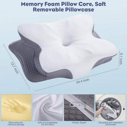 Cervical Neck Pillow - Memory Foam Pillow for Neck Support and Pain Relief, Ergonomic Contour Pillow for Side Back and Stomach Sleepers, Soft and Cooling Ice Silk Washable Pillowcase