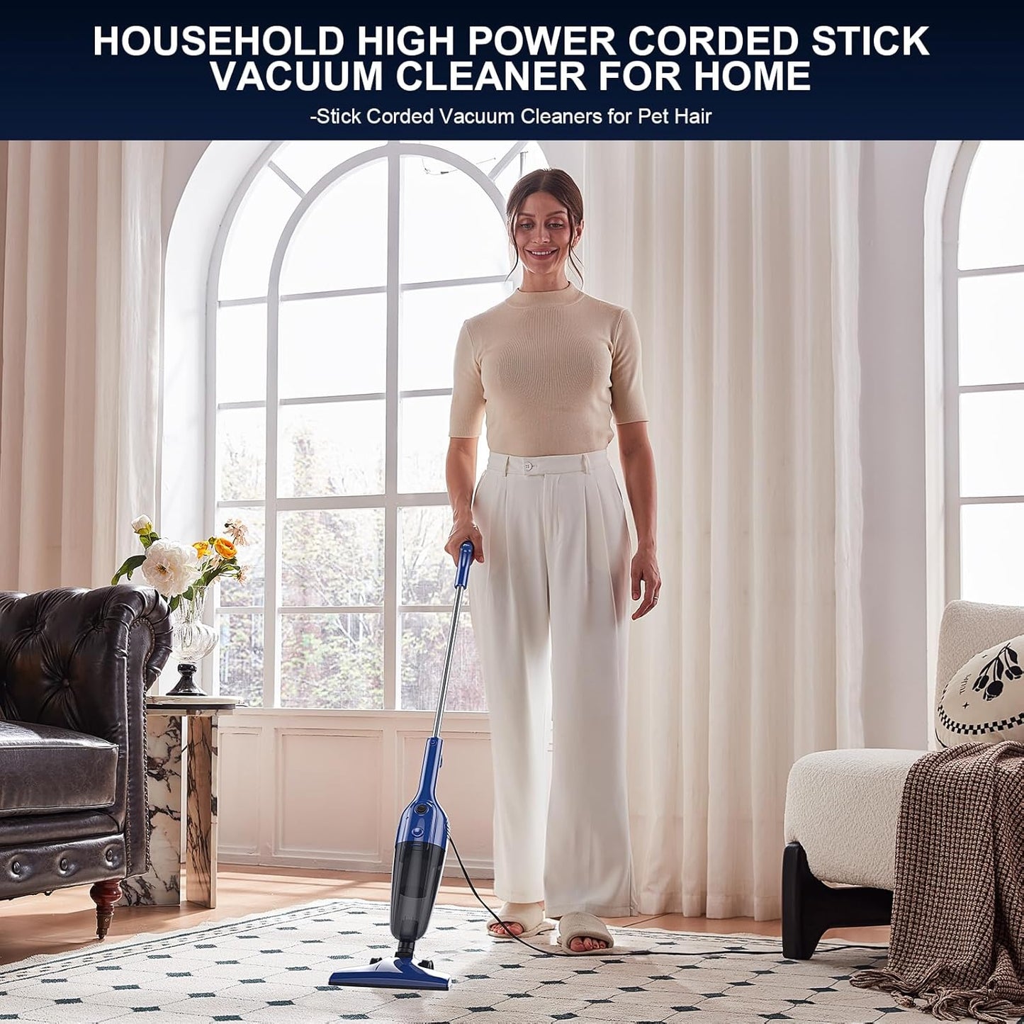 Home Vacuum Cleaners - Corded Stick Vacuum, Powerful Suction for Pet Hair, Carpet & Hardwood, Lightweight Handheld Portable-MC