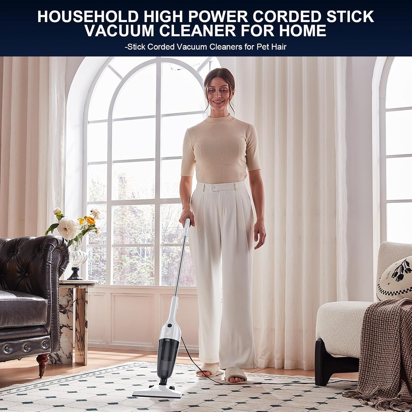 Home Vacuum Cleaners - Corded Stick Vacuum, Powerful Suction for Pet Hair, Carpet & Hardwood, Lightweight Handheld Portable-MC