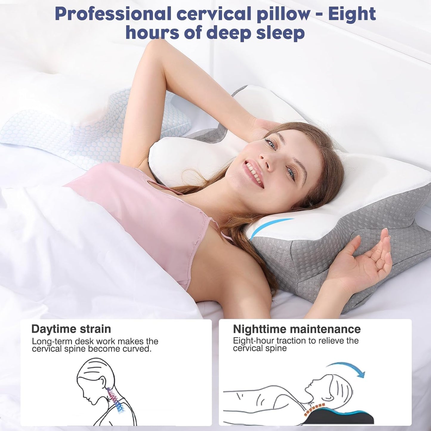 Cervical Neck Pillow - Memory Foam Pillow for Neck Support and Pain Relief, Ergonomic Contour Pillow for Side Back and Stomach Sleepers, Soft and Cooling Ice Silk Washable Pillowcase