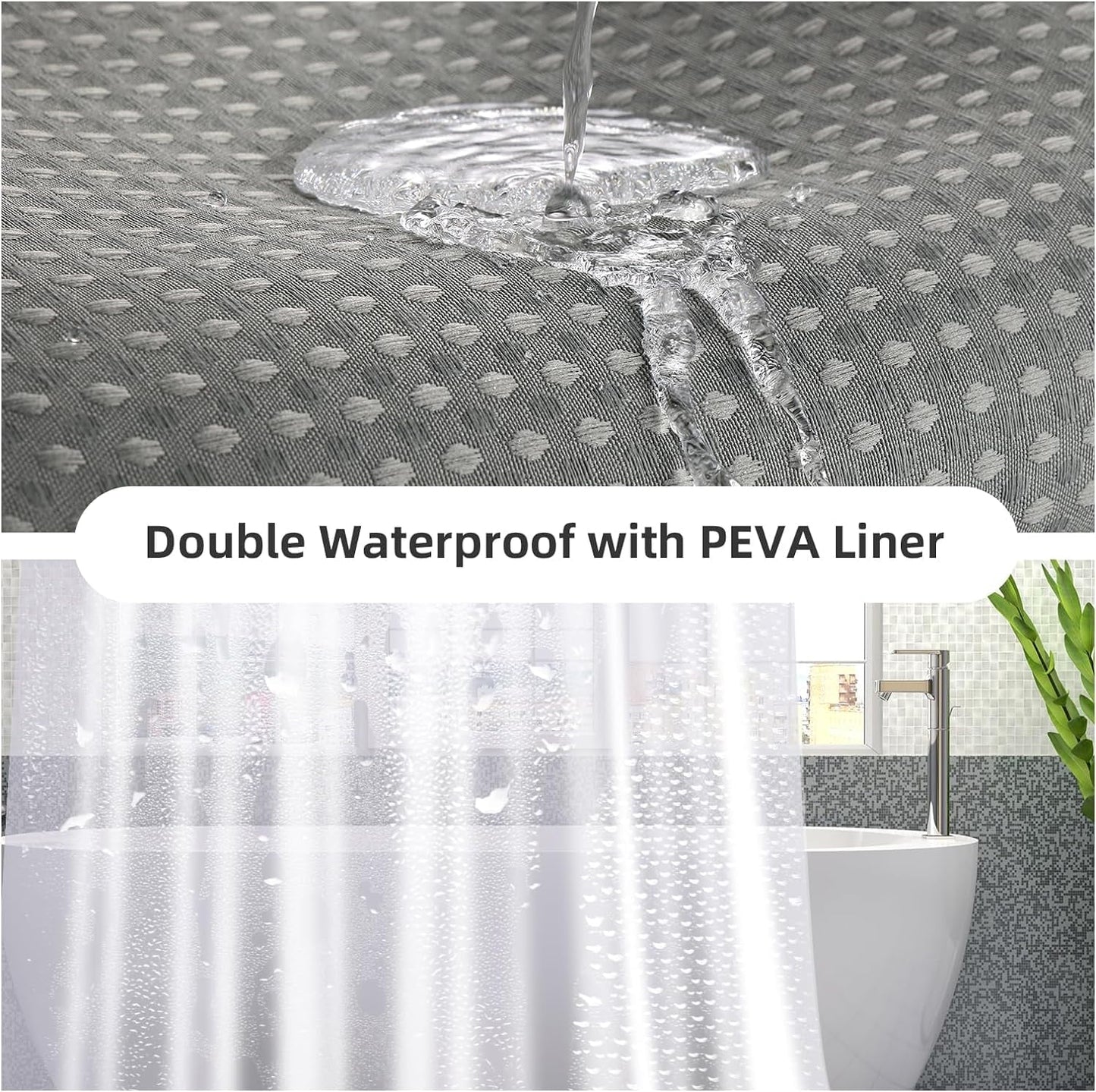 3 in 1 Waterproof Waffle Weave Shower Curtain and Clear Liner Set with 12 Stainless Steel Hooks Double Sided for Bathroom 72 Inches Heavy Duty Polyester Fabric Shower Curtains