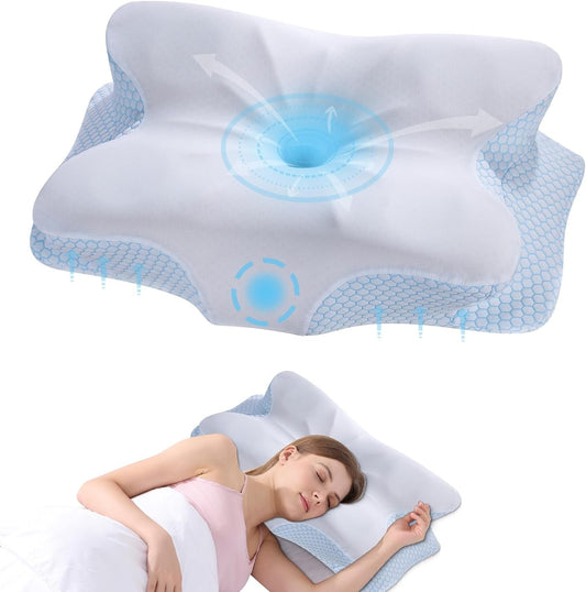 Cervical Neck Pillow - Memory Foam Pillow for Neck Support and Pain Relief, Ergonomic Contour Pillow for Side Back and Stomach Sleepers, Soft and Cooling Ice Silk Washable Pillowcase