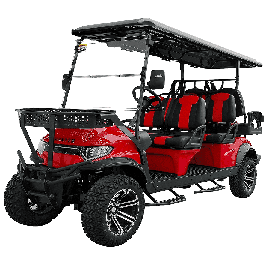 Luxury 6 Passenger Electric Cart, Lithium Battery, 48V 150AH, 40 Mile Driving Range, 5000W Electric Motor, 6 Seats, Golf Cart, Water Fall LED Lights, Electric Power Steering, Back Up Cam, Red