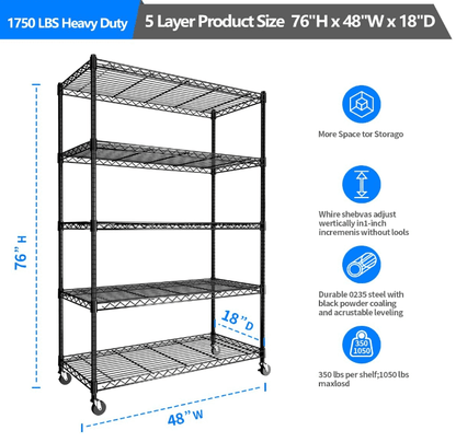 Cotiro 3/5Tier Adjustable Storage Shelving Unit, Heavy Duty Wire Rack with Wheels and Adjustable Feet for Pantry, Garage, Baker's Rack Kitchen Rack (450 lbs/rack), Black