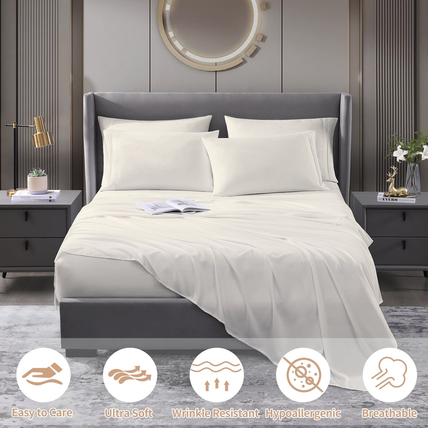 Cotiro 6 Piece Sheet Set King Size Hotel Luxury Sheet Set Deep Pocket Anti-Wrinkle Sheet Set