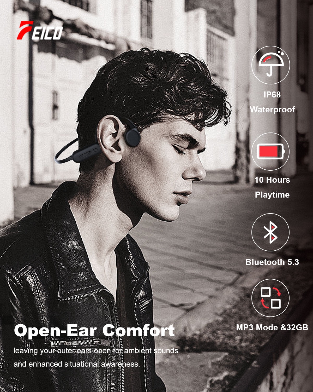 Cotiro Bone Conduction Headphones, Bluetooth 5.3 Open-Ear Headphones with Mic | MP3 Mode Built-in 32GB & 10Hrs Playtime, IP68 Waterproof Bone Conduction for Running, Cycling, Walking