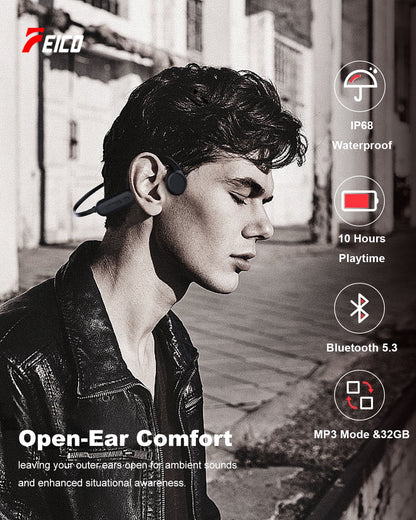 Cotiro Bone Conduction Headphones, Bluetooth 5.3 Open-Ear Headphones with Mic | MP3 Mode Built-in 32GB & 10Hrs Playtime, IP68 Waterproof Bone Conduction for Running, Cycling, Walking
