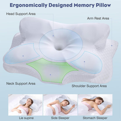 Cervical Neck Pillow - Memory Foam Pillow for Neck Support and Pain Relief, Ergonomic Contour Pillow for Side Back and Stomach Sleepers, Soft and Cooling Ice Silk Washable Pillowcase