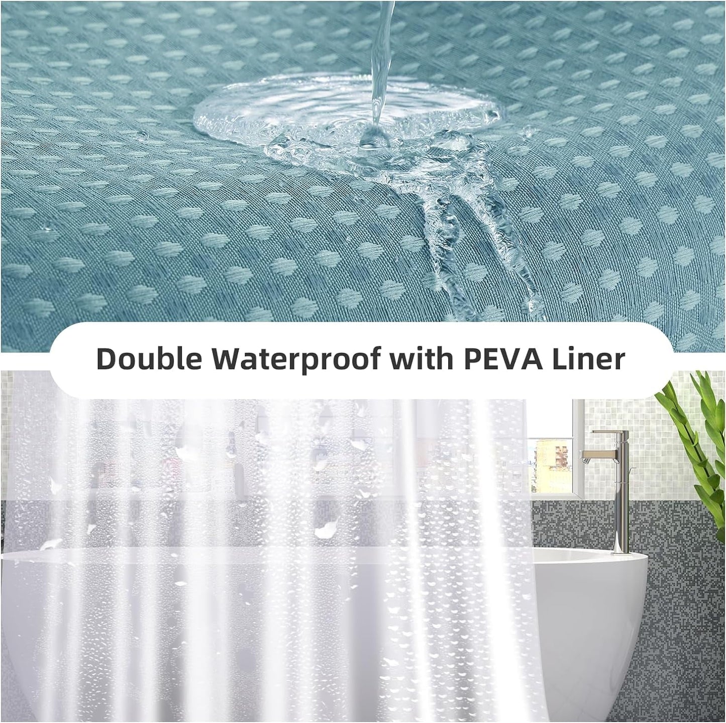 3 in 1 Waterproof Waffle Weave Shower Curtain and Clear Liner Set with 12 Stainless Steel Hooks Double Sided for Bathroom 72 Inches Heavy Duty Polyester Fabric Shower Curtains