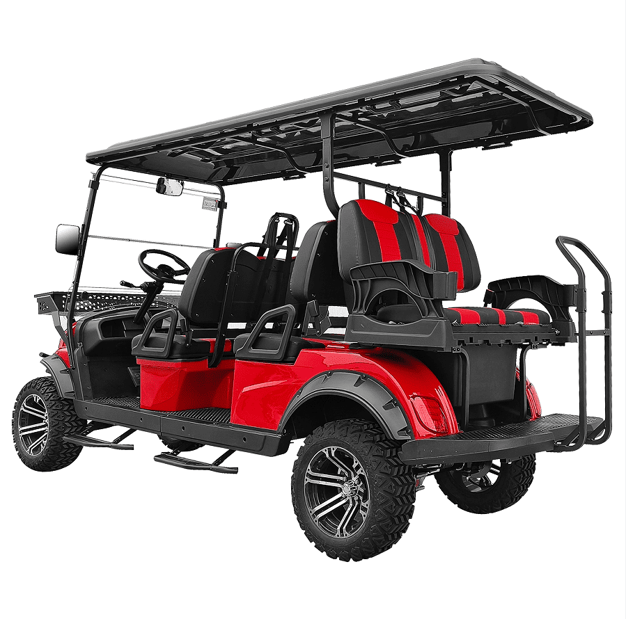 Luxury 6 Passenger Electric Cart, Lithium Battery, 48V 150AH, 40 Mile Driving Range, 5000W Electric Motor, 6 Seats, Golf Cart, Water Fall LED Lights, Electric Power Steering, Back Up Cam, Red