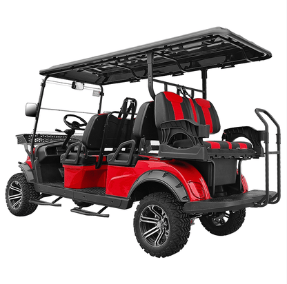 Luxury 6 Passenger Electric Cart, Lithium Battery, 48V 150AH, 40 Mile Driving Range, 5000W Electric Motor, 6 Seats, Golf Cart, Water Fall LED Lights, Electric Power Steering, Back Up Cam, Red