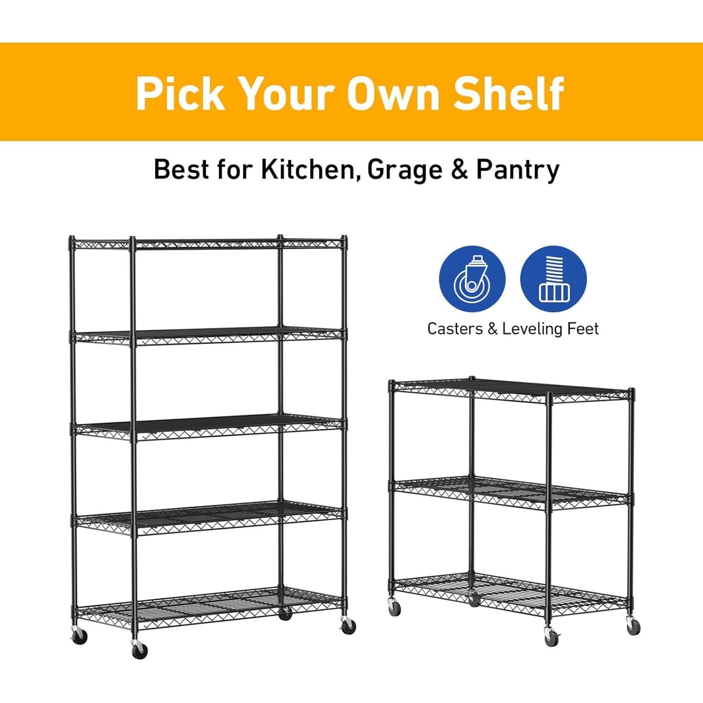 Cotiro 3/5Tier Adjustable Storage Shelving Unit, Heavy Duty Wire Rack with Wheels and Adjustable Feet for Pantry, Garage, Baker's Rack Kitchen Rack (450 lbs/rack), Black