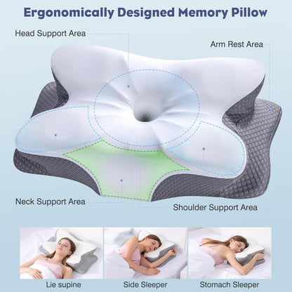 Cervical Neck Pillow - Memory Foam Pillow for Neck Support and Pain Relief, Ergonomic Contour Pillow for Side Back and Stomach Sleepers, Soft and Cooling Ice Silk Washable Pillowcase