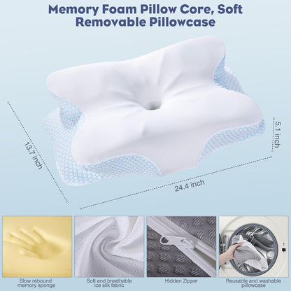 Cervical Neck Pillow - Memory Foam Pillow for Neck Support and Pain Relief, Ergonomic Contour Pillow for Side Back and Stomach Sleepers, Soft and Cooling Ice Silk Washable Pillowcase