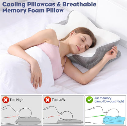 Cervical Neck Pillow - Memory Foam Pillow for Neck Support and Pain Relief, Ergonomic Contour Pillow for Side Back and Stomach Sleepers, Soft and Cooling Ice Silk Washable Pillowcase