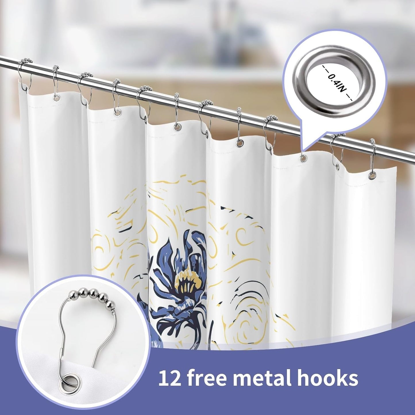 Shower Curtain with 12 Hooks Waterproof Curtain for Bathroom Modern Art Floral Polyester Fabric Abstract Shower Curtains 72x72