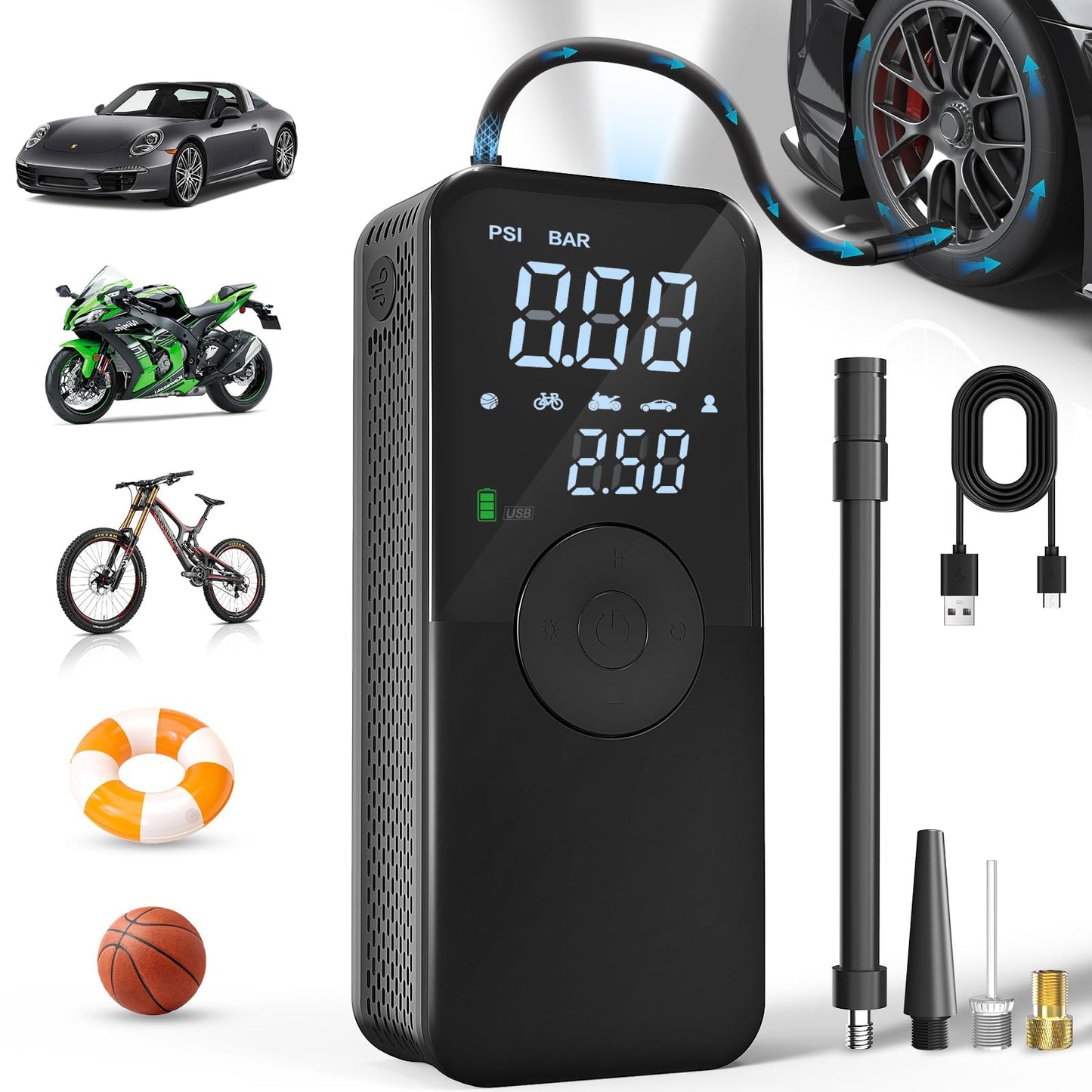 DEASON Tire Inflator Portable Air Compressor,150 PSI Cordless Mini Bike Tire Pump,Air Pump for Car Motorcycle Bicycle Tires,Balls,with Pressure Gauge,LED Light