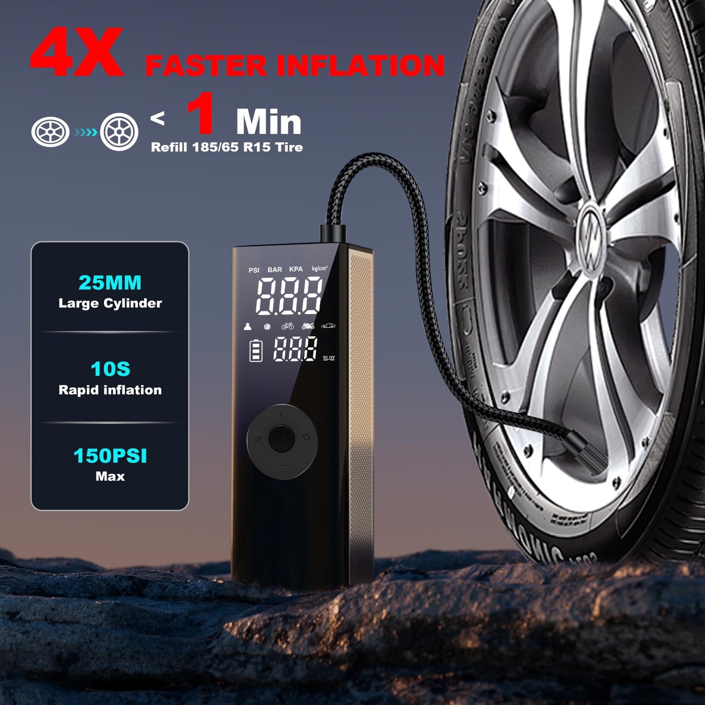 DEASON Tire Inflator Portable Air Compressor,Electric Air Pump for Car Tires Battery Capacity,150PSI and 4X Faster Air Pump with Auto-Shutoff for Cars,Bicycle,E-Bikes, Balls, Motorcycles.
