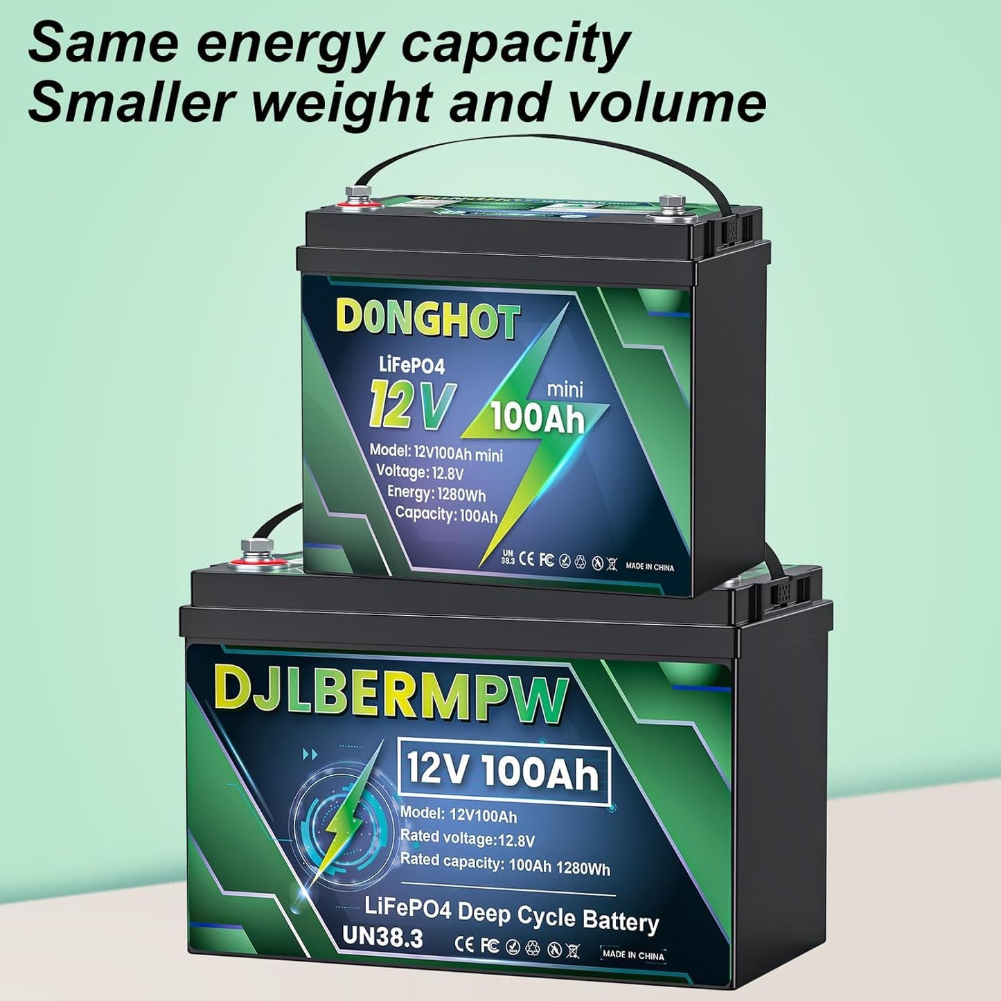 DEASON 12V 100Ah Mini LiFePO4 Lithium Battery, Built-in 100A BMS, 1.28kWh Up to 15000 Deep Cycles Lithium Battery, 10-Year Lifespa, Battery for Boat, Kayak, Trolling Motor, RV, Golf Cart, Solar