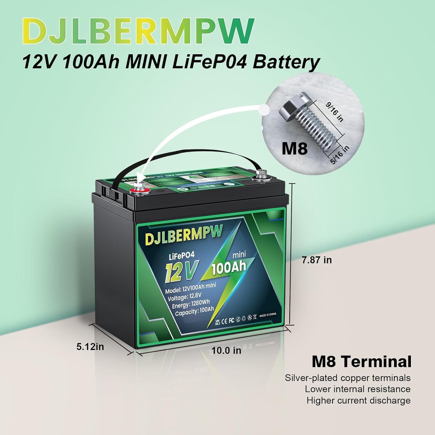 DEASON 12V 100Ah Mini LiFePO4 Lithium Battery, Built-in 100A BMS, 1.28kWh Up to 15000 Deep Cycles Lithium Battery, 10-Year Lifespa, Battery for Boat, Kayak, Trolling Motor, RV, Golf Cart, Solar